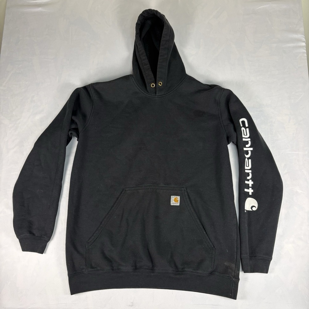 Carhartt Men's Black Fleece Pullover Hoodie Sleeve Logo Pockets Loose Fit L Tall
